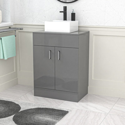 Nes Home Grey 600mm Bathroom Doors Vanity Unit Rectangle Ceramic Basin - image 1