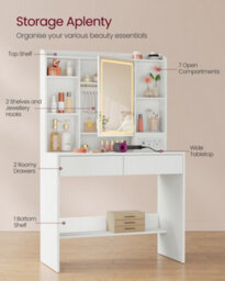 Ledrem Aurora Series Vanity Desk White Dressing Table With Led Mirror, Adjustable Storage Shelves, Modern Design - thumbnail 3