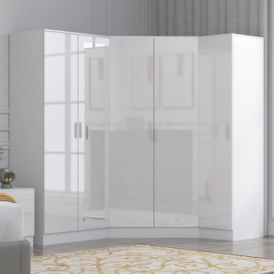 Reflect 3Pc Wardrobe Bundle - 2 Door Corner + 2 Door Mirror + 1 Door Plain - White Gloss & Matt White - H: 180Cm X W: 179Cm - image 1