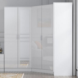 Reflect 3Pc Wardrobe Bundle - 2 Door Corner + 2 Door Mirror + 1 Door Plain - White Gloss & Matt White - H: 180Cm X W: 179Cm - thumbnail 3