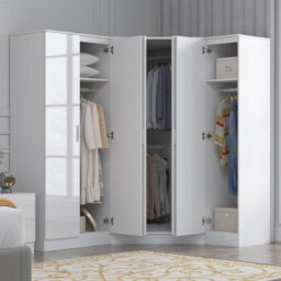 Reflect 3Pc Wardrobe Bundle - 2 Door Corner + 2 Door Mirror + 1 Door Plain - White Gloss & Matt White - H: 180Cm X W: 179Cm - thumbnail 2