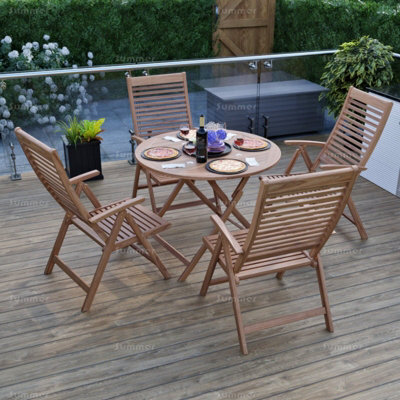 Outdoor Teak 5 Piece Dining Set With 4 Reclining Chairs And Round Table - Easy, Quick Assembly - image 1
