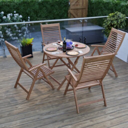 Outdoor Teak 5 Piece Dining Set With 4 Reclining Chairs And Round Table - Easy, Quick Assembly - thumbnail 1