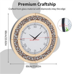Artloge 60Cm Round Mirror Clock Sparkle Crush Diamond Mirrored Wall Clock Living Room Decor - thumbnail 2