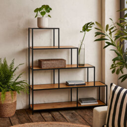 Wyld Haus El Paso 4-Shelf Step Design Bookcase - Black Steel Frame & Wild Oak-Effect Shelves