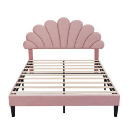 Modernluxe 4Ft6 Double Upholstered Velvet Bed Frame, With Adjustable Headboard, With Solid Wood Slat, No Box Spring Needed, Pink - thumbnail 8