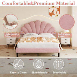 Modernluxe 4Ft6 Double Upholstered Velvet Bed Frame, With Adjustable Headboard, With Solid Wood Slat, No Box Spring Needed, Pink - thumbnail 3