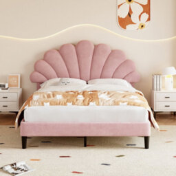 Modernluxe 4Ft6 Double Upholstered Velvet Bed Frame, With Adjustable Headboard, With Solid Wood Slat, No Box Spring Needed, Pink