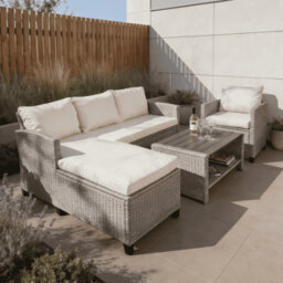 Home Source Trapani Rattan 4 Piece Taupe Outdoor Garden Furniture Chair Sofa Table Set - thumbnail 1