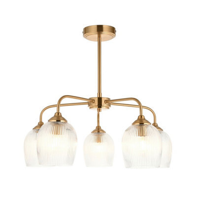 Luminosa Lighting Luminosa Ashcroft Ribbed Multi Arm Pendant Ceiling Light Brushed Aged Brass Plate & Clear Ribbed Glass 5X E14