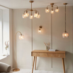 Luminosa Lighting Luminosa Ashcroft Ribbed Multi Arm Pendant Ceiling Light Brushed Aged Brass Plate & Clear Ribbed Glass 5X E14 - thumbnail 6