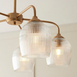 Luminosa Lighting Luminosa Ashcroft Ribbed Multi Arm Pendant Ceiling Light Brushed Aged Brass Plate & Clear Ribbed Glass 5X E14 - thumbnail 5
