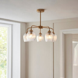 Luminosa Lighting Luminosa Ashcroft Ribbed Multi Arm Pendant Ceiling Light Brushed Aged Brass Plate & Clear Ribbed Glass 5X E14 - thumbnail 2