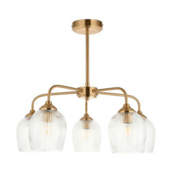 Luminosa Lighting Luminosa Ashcroft Ribbed Multi Arm Pendant Ceiling Light Brushed Aged Brass Plate & Clear Ribbed Glass 5X E14 - thumbnail 7