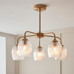 Luminosa Lighting Luminosa Ashcroft Ribbed Multi Arm Pendant Ceiling Light Brushed Aged Brass Plate & Clear Ribbed Glass 5X E14 - thumbnail 4