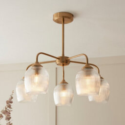 Luminosa Lighting Luminosa Ashcroft Ribbed Multi Arm Pendant Ceiling Light Brushed Aged Brass Plate & Clear Ribbed Glass 5X E14 - thumbnail 3