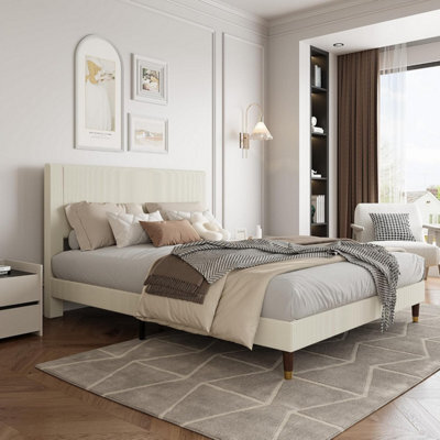 Double Platform Bed Frame With Velvet Upholstered Headboard, Wood Slats Support, Beige 135 X 199 Cm - image 1