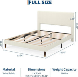 Double Platform Bed Frame With Velvet Upholstered Headboard, Wood Slats Support, Beige 135 X 199 Cm - thumbnail 3