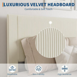 Double Platform Bed Frame With Velvet Upholstered Headboard, Wood Slats Support, Beige 135 X 199 Cm - thumbnail 4