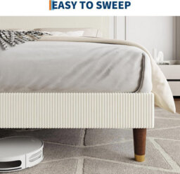 Double Platform Bed Frame With Velvet Upholstered Headboard, Wood Slats Support, Beige 135 X 199 Cm - thumbnail 5