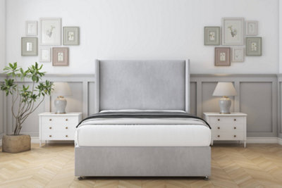 "Sloomy Devonshire Silver Naples Divan Bed With Mattress 2 Drawers Foot-End With 54"" Wingback Headboard 4'6 Double" - image 1
