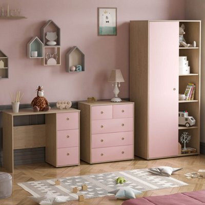 Lassic Junior Vida Neptune Pink & Oak 3 Piece Bedroom Furniture Set - Desk, Drawer Chest, Wardrobe - image 1