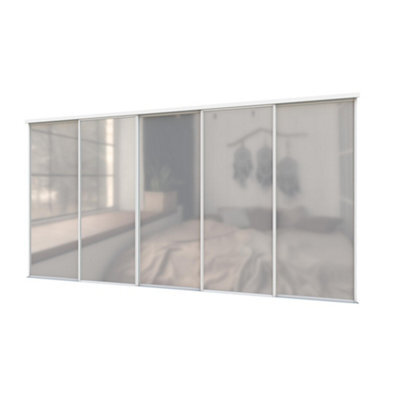 A-Class Sliding Doors Set Of 5 Full Length Mirror Sliding Wardrobe Door Kit In White Frame & Tracks, Opening Height (H) 225-226Cm & Width (W) 370-371Cm - image 1
