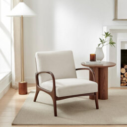 Furniturebox Esmeray Accent Chair - Beige Fabric Mid Century Modern Accent Chair - Comfortable Solid Wood Accent Chair