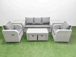 Fimous Pe Rattan Garden Furniture Set Reclining Chair Sofa Lounge Sofa Set Rectangular Coffee Table 2 Side Table 2 Small Stools - thumbnail 2