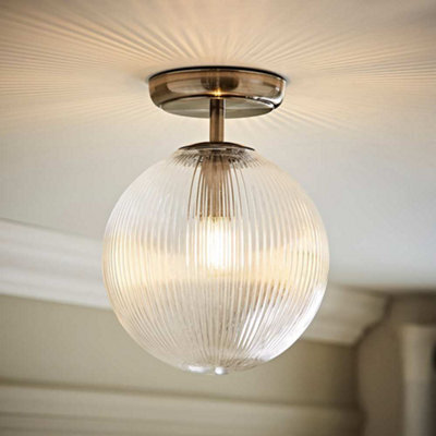 Valuelights Kempton Brushed Chrome Flush Ceiling Light With Ribbed Globe Shade - image 1