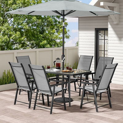 Living And Home Set Of 7 Black Tempered Glass Outdoor Coffee Umbrella Table And Folding Chairs Set 120 Cm - image 1
