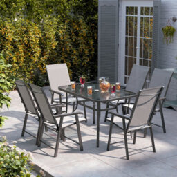 Living And Home Set Of 7 Black Tempered Glass Outdoor Coffee Umbrella Table And Folding Chairs Set 120 Cm - thumbnail 3