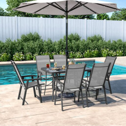 Living And Home Set Of 7 Black Tempered Glass Outdoor Coffee Umbrella Table And Folding Chairs Set 120 Cm - thumbnail 2