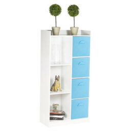 Urbn-Living Urbnliving Height 128Cm Tall Wooden White 7 Cube Bookcase With Light Blue Drawers Shelving Display Storage Unit Cabinet Shelves