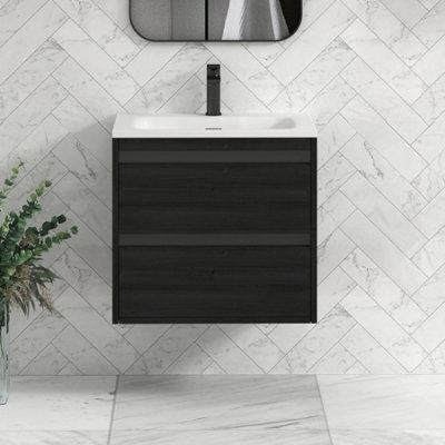Royal Bathrooms Orion 600mm Wall Hung Bathroom Vanity Unit 2 Drawer Hale Black With Matt Stone Basin & Black Accent Trim - image 1