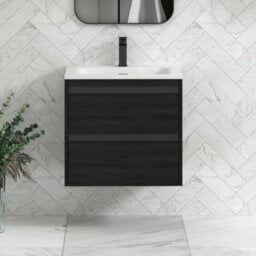 Royal Bathrooms Orion 600mm Wall Hung Bathroom Vanity Unit 2 Drawer Hale Black With Matt Stone Basin & Black Accent Trim