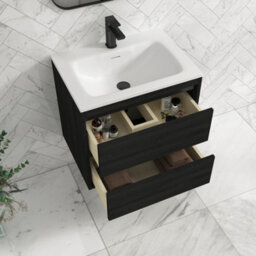 Royal Bathrooms Orion 600mm Wall Hung Bathroom Vanity Unit 2 Drawer Hale Black With Matt Stone Basin & Black Accent Trim - thumbnail 5