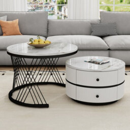 Btm High Gloss Round Nesting Coffee Table White & Gold Nesting Coffee Table Center Table With Storage Drawers For Living Room - thumbnail 1