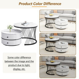 Btm High Gloss Round Nesting Coffee Table White & Gold Nesting Coffee Table Center Table With Storage Drawers For Living Room - thumbnail 4
