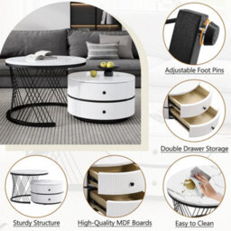 Btm High Gloss Round Nesting Coffee Table White & Gold Nesting Coffee Table Center Table With Storage Drawers For Living Room - thumbnail 3