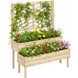 Yaheetech 2-Tier Fir Wood Raised Garden Bed With Trellis, Self-Draining, Wood - thumbnail 2