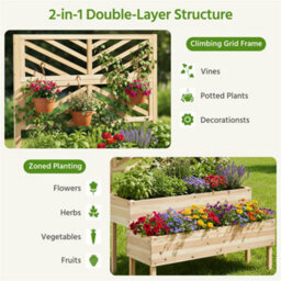 Yaheetech 2-Tier Fir Wood Raised Garden Bed With Trellis, Self-Draining, Wood - thumbnail 5
