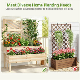 Yaheetech 2-Tier Fir Wood Raised Garden Bed With Trellis, Self-Draining, Wood - thumbnail 9