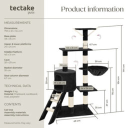 Tectake Cat Tree Dominik - 144 Cm, Sisal Cat Scratching Post, Mice & Anti-Tip Protection - Black - thumbnail 6