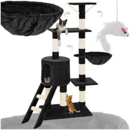Tectake Cat Tree Dominik - 144 Cm, Sisal Cat Scratching Post, Mice & Anti-Tip Protection - Black - thumbnail 1