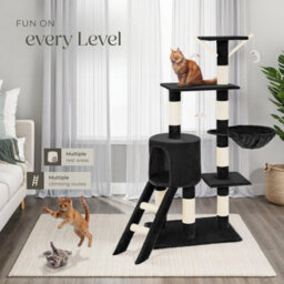 Tectake Cat Tree Dominik - 144 Cm, Sisal Cat Scratching Post, Mice & Anti-Tip Protection - Black - thumbnail 8