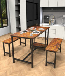 Abrihome 3-Piece Industrial Dining Table And Bench Set, 4-Person Dinette For Kitchen, Brown