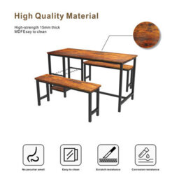 Abrihome 3-Piece Industrial Dining Table And Bench Set, 4-Person Dinette For Kitchen, Brown - thumbnail 8