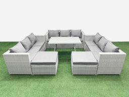 Fimous 11 Seat Outdoor Patio Pe Rattan Garden Furniture With Cushions 3 Seater Sofa 2 Big Stools Light Grey