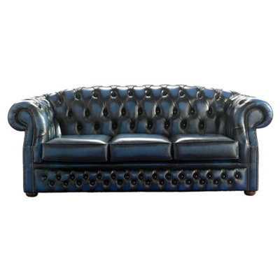 Chesterfield 3 Seater Antique Blue Leather Sofa Bespoke In Buckingham Style - image 1